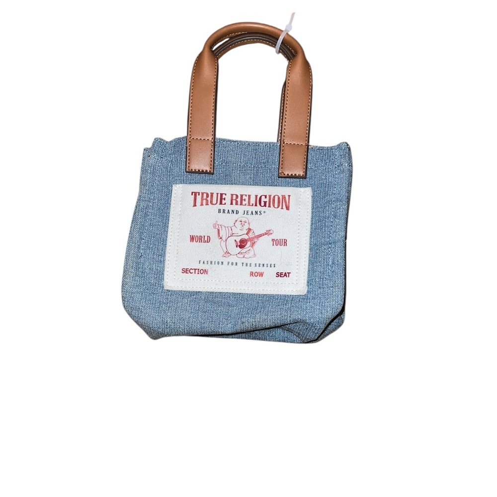 True Religion Blue Denim Tote with Tan Handles
